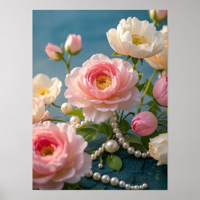 Poster Rosas claro esmagadoras com pérolas (Frente)