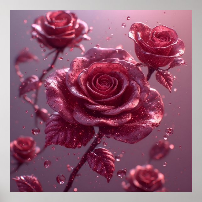 Poster Rosas Cor-de-Rosa Delicadas com Gotículas de Orval (Frente)