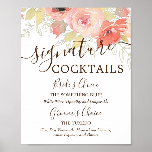Poster Rosas Cor-de-Rosa e Bebidas de Assinatura de Casam (Frente)