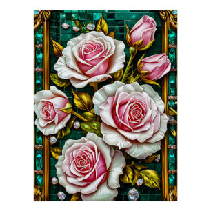 Póster Rosas Cor-de-Rosa Elegantes em um Ouro Luxuoso
