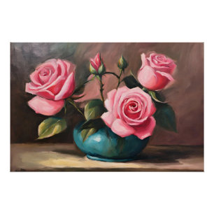 Póster Rosas cor-de-rosa na ilustração da vida estática d