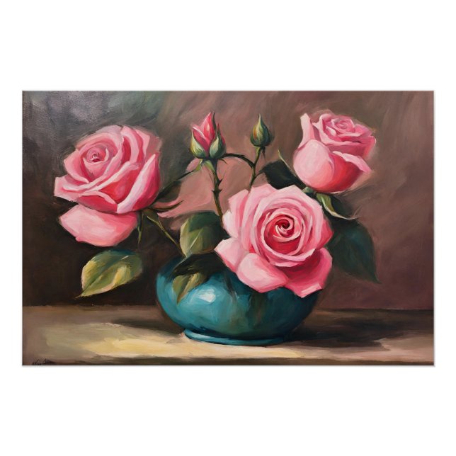 Póster Rosas cor-de-rosa na ilustração da vida estática d (Frente)