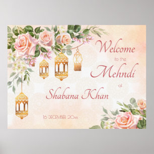 Poster Rosas cor-de-rosa pastel lanternas árabes mehndi
