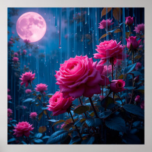 Poster Rosas Cor-de-Rosa Vibrantes em um Jardim Chuvoso a