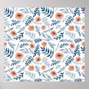 Poster Rosas de Aquarela: Azul Deixa Sem Costura