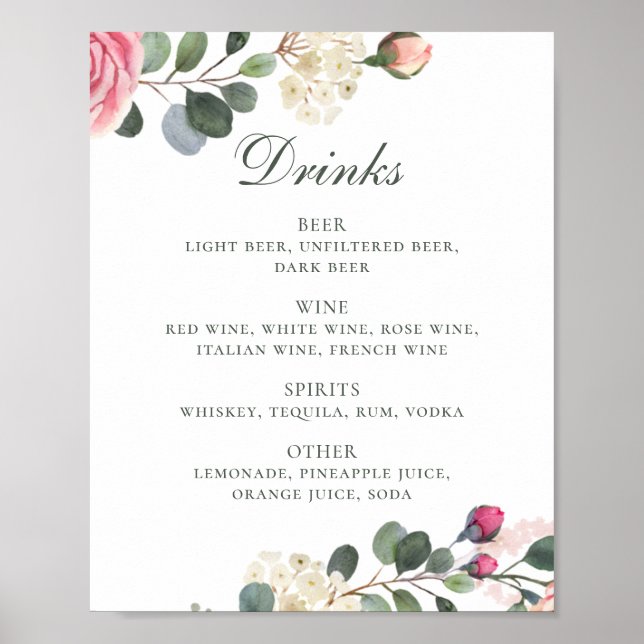 Poster Rosas de aquarelas. Menu de bar de bebidas espirit (Frente)
