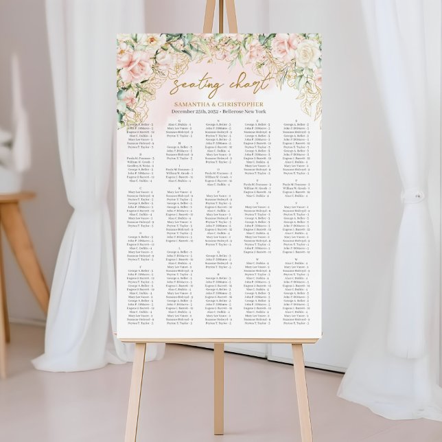 Poster Rosas de cor aquosa, rosa claro, eucalipto Alfabét (Elegant Boho blush floral gold frame wedding seating chart)