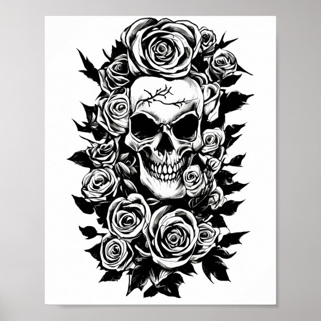 Poster Rosas de crânio humano Gótico de tinta original (Frente)