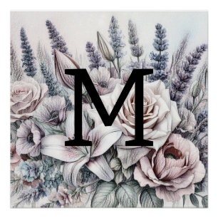 Póster Rosas de desenho floral monograma lírios de lavand