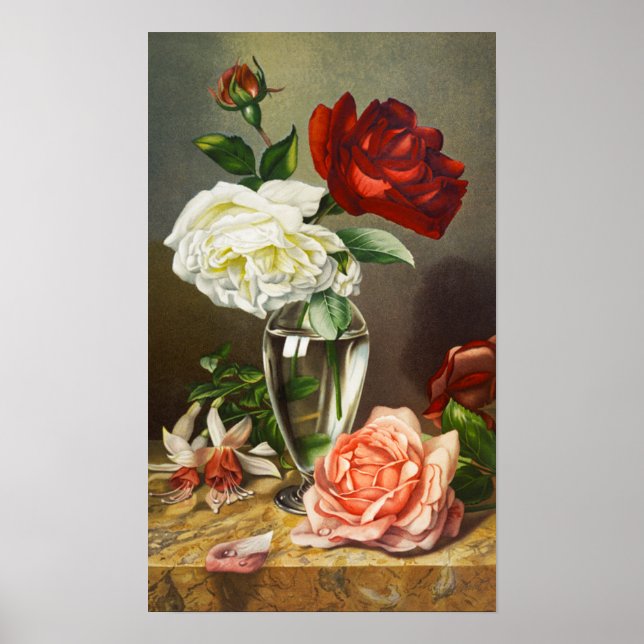 Poster Rosas de Jardim Antigas em um Vaso de Vidro (Frente)
