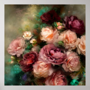 Poster Rosas De Vintage, Rosa Mole E Borgonha, Pintados