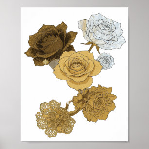 Poster Rosas Douradas Cinza Frescas Arte de Texto 3D