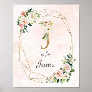 Poster Rosas Douradas e rosa Nome do bebê Monograma