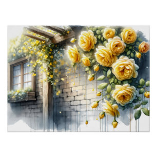 Póster Rosas Douradas na Parede de Cottage Rústico em Ped