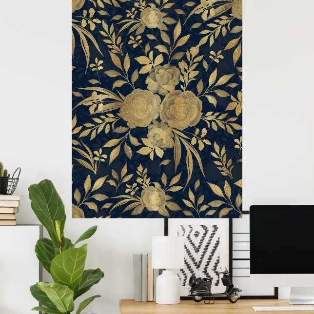 Poster Rosas Dourados Elegantes Marinho Floral - Design A (Escritório em casa)