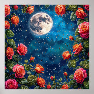 Poster Rosas Exuberantes emoldurando uma Lua Cheia numa N