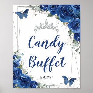 Poster Rosas Florais Azul Real Quinceañera Buffet de Doce