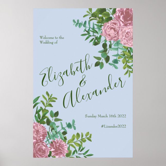 Poster Rosas Florais De Casamento Cor-De-Rosa Azul (Frente)
