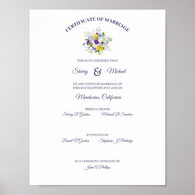 Poster Rosas Florais Simples Certificado Buquê Pansy (Frente)