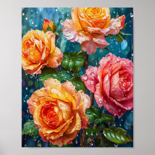 Poster Rosas Laranja Brilhantes com Gotículas de Orvalho