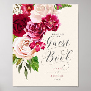 Poster Rosas Livro de Visitas para Casamento Borgonha/Cre