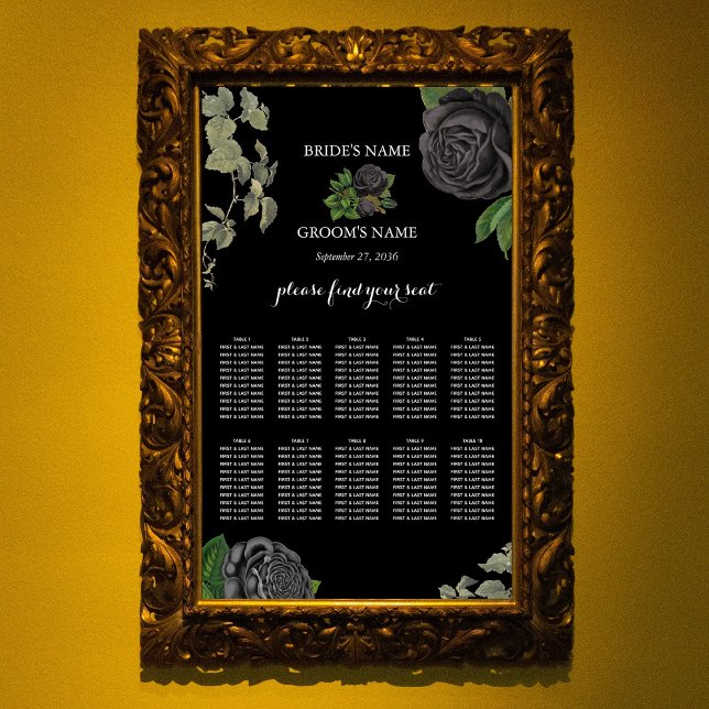 Poster Rosas Negras de Halloween Gráfico de Casamento de  (Gothic Halloween Black Roses Wedding Seating Chart)