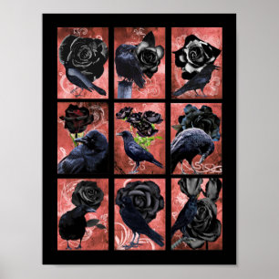 Poster rosas pretos corvos e corvos, colagem de arte gót