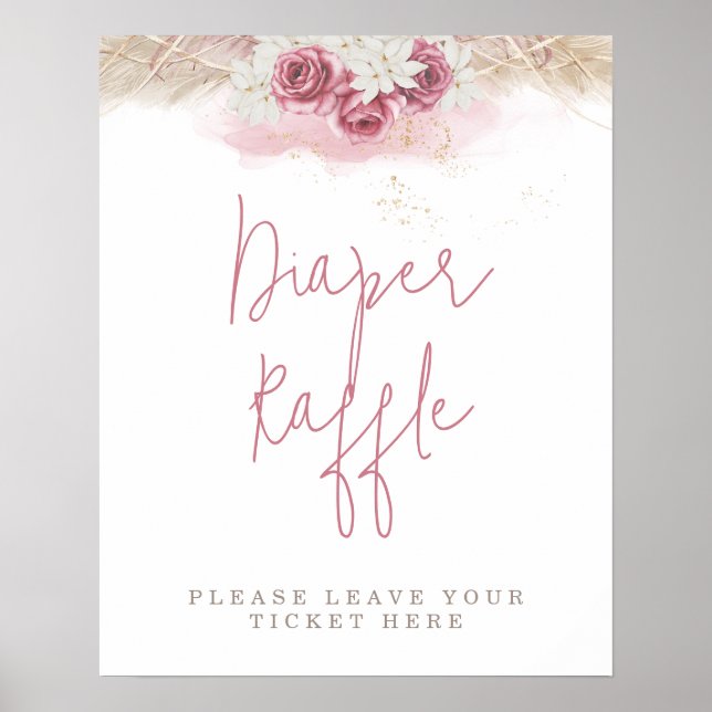 Poster Rosas Rosa-Boho Tropicais Fralda  Raffle Chá de fr (Frente)