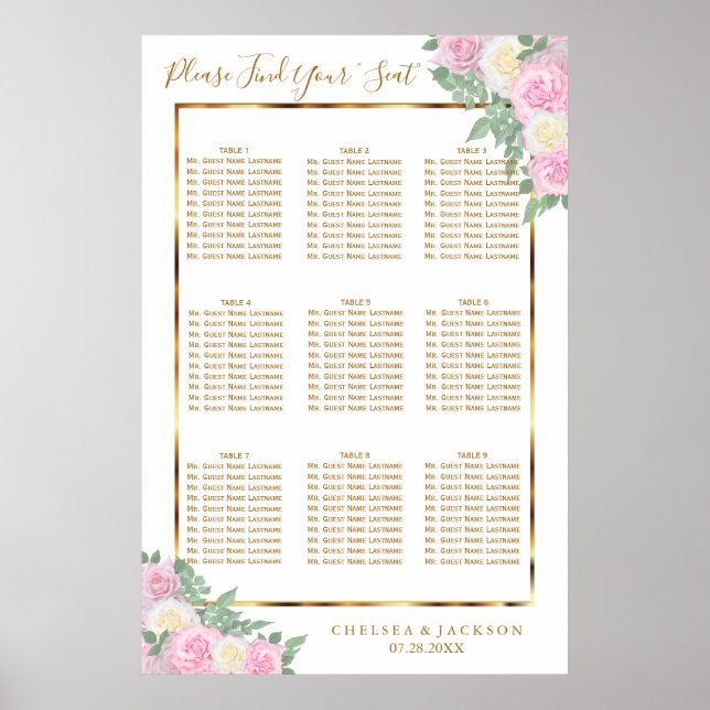 Poster Rosas Rosa e Branco - 9 Gráfico de Assentos (Frente)