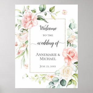 Poster Rosas Rosa Eucalyptus 18x24 Bem-Vindo Ao Casamento