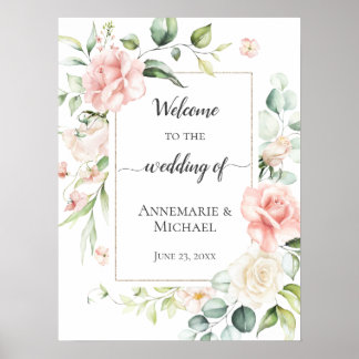 Poster Rosas Rosa Eucalyptus 18x24 Bem-Vindo Ao Casamento