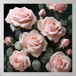 Poster Rosas Rosa Pastel com Folhas Verdes Escuras