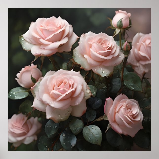 Poster Rosas Rosa Pastel com Folhas Verdes Escuras (Frente)