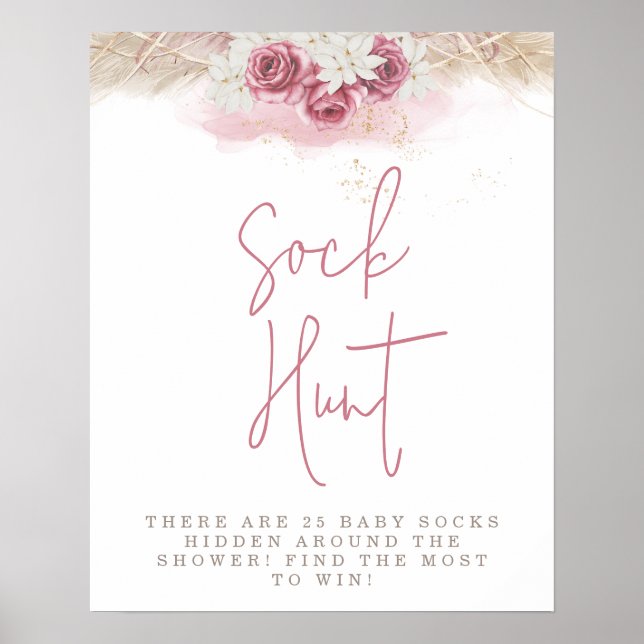 Poster Rosas Rosa-Rosa-Tropicais Chá de fraldas Caça-Choq (Frente)