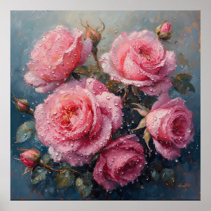 Poster Rosas Rosa Vibrantes com Pintura a Óleo Vestido