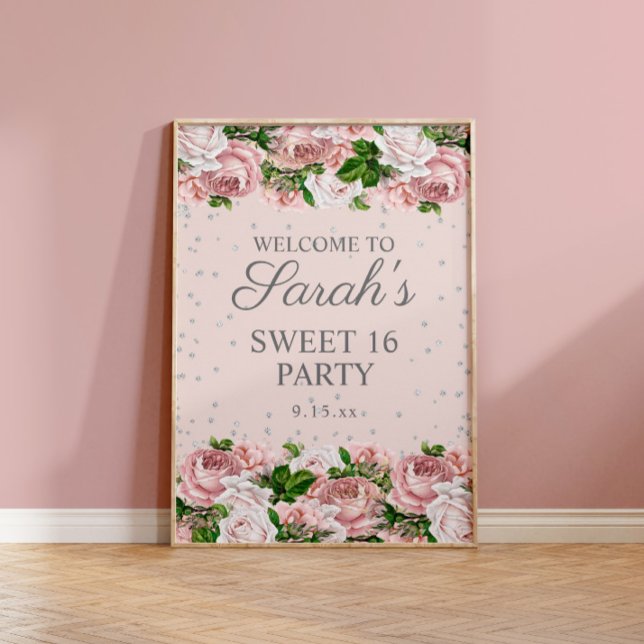 Poster Rosas Rosas Florais Brilho Prata Doce 16 Bem-vindo (Criador carregado)