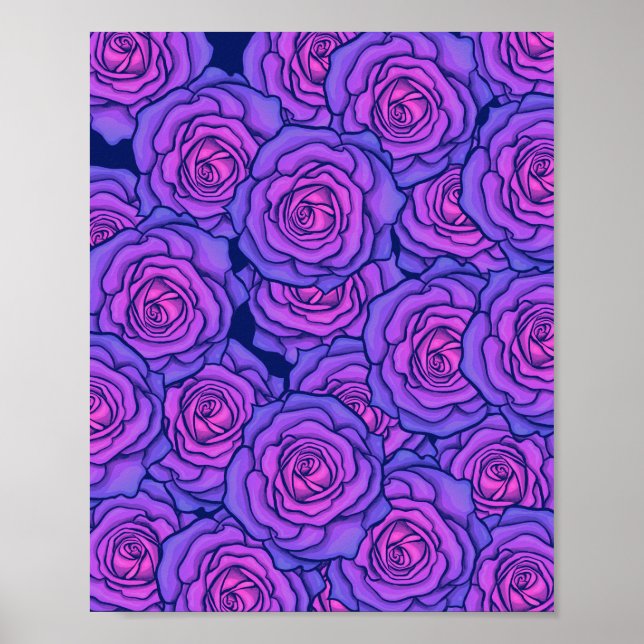 Poster Rosas Roxos Estilo Negro Claro Arte Floral (Frente)