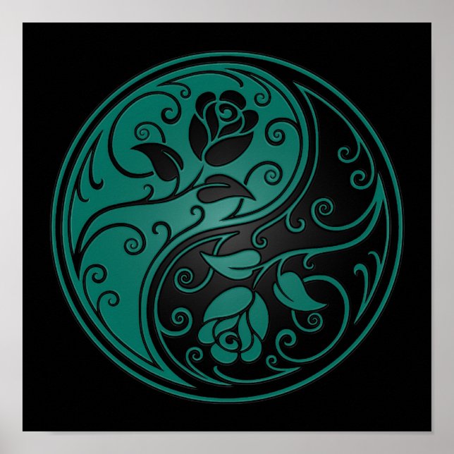 Poster Rosas Teal Blue e Black Yin Yang (Frente)