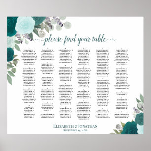 Poster Rosas Teal Boho Gráfico de Assentos Alfabéticos
