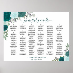 Poster Rosas Teal Boho Gráfico de Assentos Alfabéticos