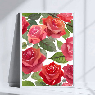 Poster Rosas Vermelhas   Aquarela de Rosa Floral Elegante