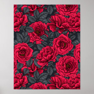Poster Rosas vermelhas com folhas de cinza em preto