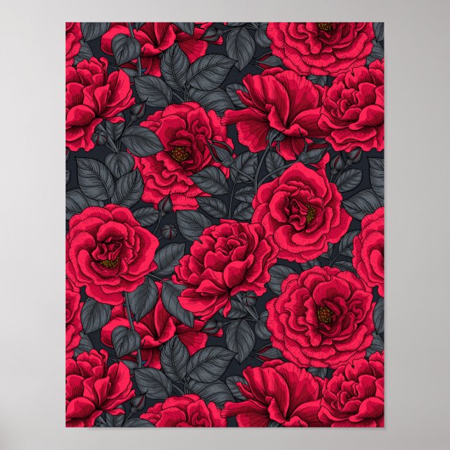 Poster Rosas vermelhas com folhas de cinza em preto (Frente)