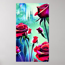Poster Rosas vermelhas com paisagem digital moderna