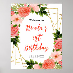 Poster Rosas Vermelhas Corais com Folhagem de Boas-Vindas