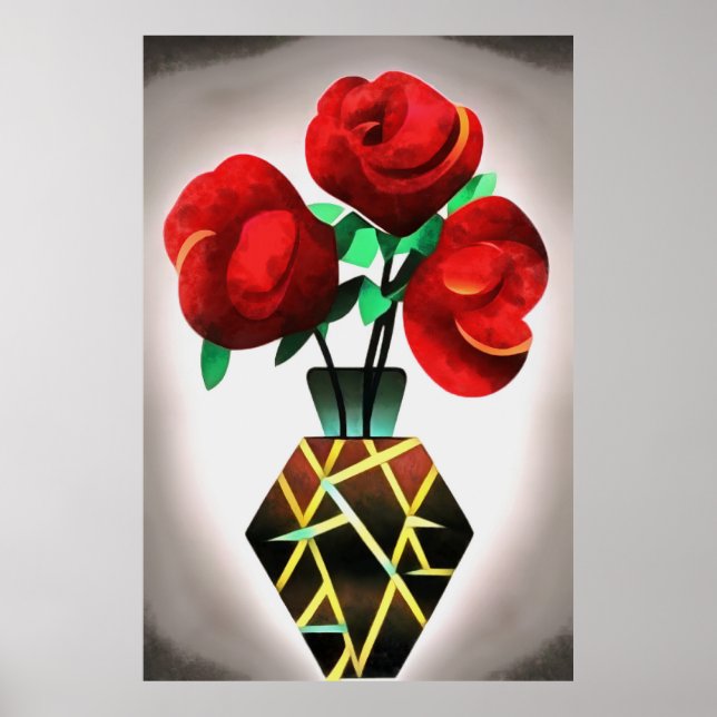 Poster Rosas vermelhas De Arte Deco Em Vase (Frente)