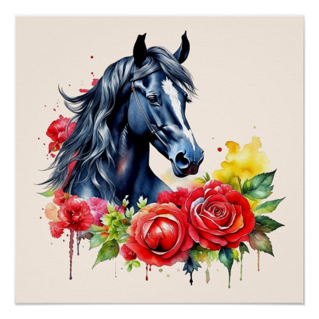 Póster Rosas vermelhas de Cavalo Preto com Aquarela (Frente)