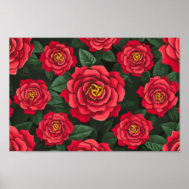 Poster Rosas vermelhas Elegantes com padrão de folhas ver (Frente)