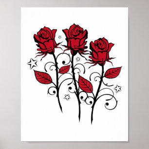 Poster Rosas vermelhas Lindas E Folhas Com Estrelas Tatua
