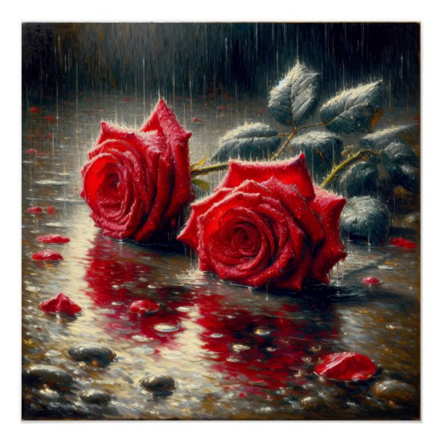 Póster Rosas vermelhas Na Chuva (Frente)